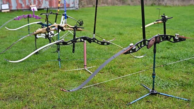 Corby, U.K., 24 November 2022. Professional bows on a stand, outdoor sport archery activity.