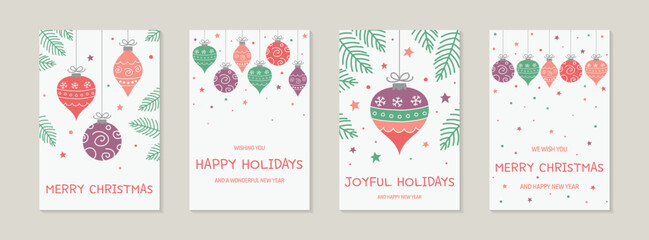 Colourful hanging Christmas baubles. Collection of a greeting cards. Vector illustration
