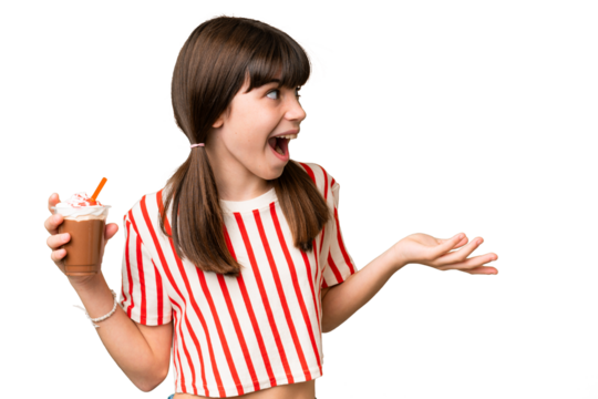 Young man with chocolat milkshake over isolated background with surprise facial expression