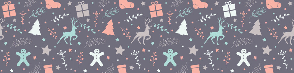 Fototapeta na wymiar Christmas pattern with festive ornaments. Xmas wrapping paper concept. Banner. Vector