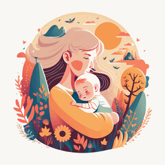 Happy Mother's Day, Mom hug lovely Baby floral background Vector Flat Style