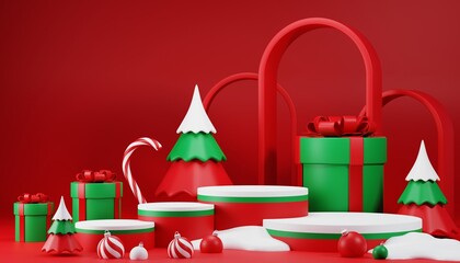 3D render cylinder podium in christmas Santa Claus and christmas tree, gift boxes, ribbon, product, perfume, promotion sale, presentation, cosmetic on background color .

