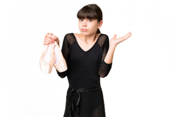 Little caucasian girl practicing ballet over isolated background having doubts while raising hands