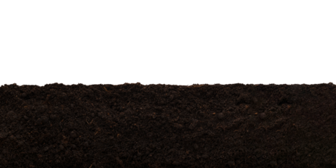 Wide layer of garden brown soil isolated on a transparent background.