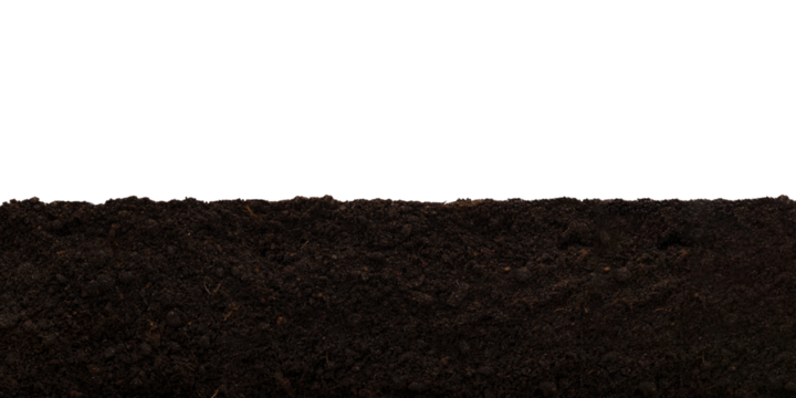 Wide layer of garden brown soil isolated on a transparent background.