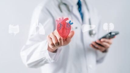 doctor in a white coat select and checkup heart organ virtual icon, heart anatomy, heart attack,...