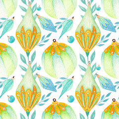 Watercolor seamless pattern for Christmas and New Year, glass toys, leaves on a white background for holiday products.