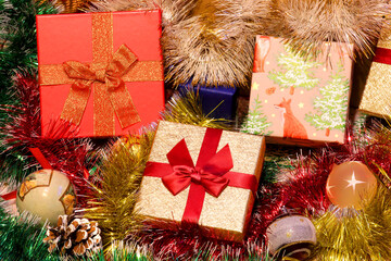 Fototapeta na wymiar Christmas and new year celebration with decorations and fairy lights. Christmas celebration.