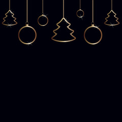 Cristmas background with golden baubles balls and trees. 3D holiday toy collection with gold chain on black backdrop. Vector illustartion.