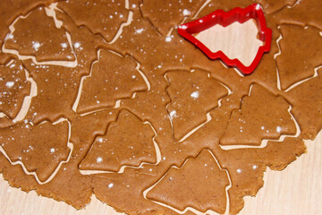 Dough for ginger cookies with Christmas molds.