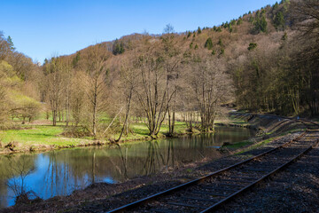 Obraz premium View of the peacefully flowing Wiesent in the valley of the same name in Franconian Switzerland near Gößweinstein/Germany in spring