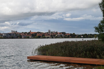 boat dock at lake S&oslash;nders&oslash; with view to Viborg; Denmark; Central Jutland region