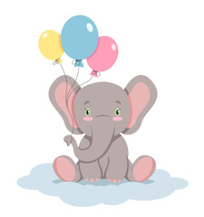 Cute baby elephant with balloons sitting on the cloud, vector illustration for kids