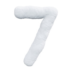 number seven made of snow. Winter font on a white background. Realistic 3D render