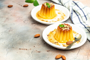 caramel panna cota. Creme Caramel Dessert on a light background. banner, menu, recipe place for text, top view