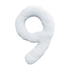 number nine made of snow. Winter font on a white background. Realistic 3D render