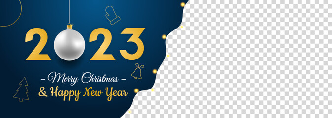 2023 gold text. Christmas background with New Year golden icon. Transparent backgound with realistic garland. Vector illustration concept