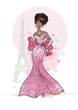 pink dress woman parisian style clip art preview