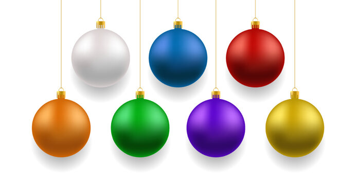 Collection of vector shiny colorful realistic hanging christmas baubles. 3d ball on different colors. Isolated on white background. Christmas decoration