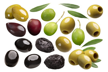 Black, green, pickled, whole and pitted, cured or sundried olives with leaves isolated png - obrazy, fototapety, plakaty