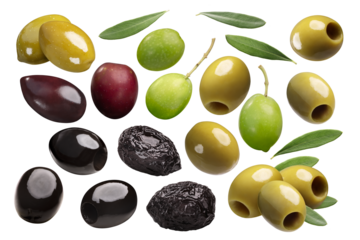 Black, green, pickled, whole and pitted, cured or sundried olives with leaves isolated png