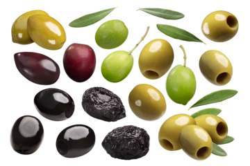 Foto op Canvas Black, green, pickled, whole and pitted, cured or sundried olives with leaves isolated png © maxsol7