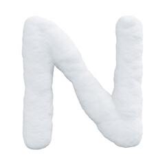 Letter N made of snow. Winter font on a white background. Realistic 3D render