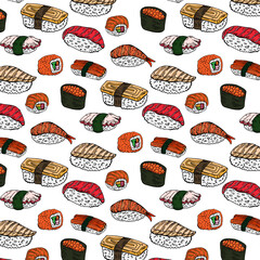 Sushi and rolls seamless pattern isolated on white background