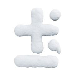 plus sign, minus sign, period, comma made of snow. Winter font on a white background. Realistic 3D render