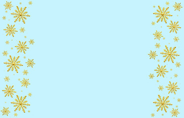 Winter blue aquamarine saturated bright background with gold random snowflakes two sideways. Christmas, New Year card with copy space.