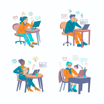 Computer work concepts. Vector illustration of a set of cartoon diverse business people in working at a computer or laptop in different directions.