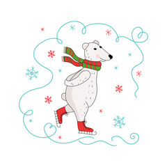 Polar white bear on skates. Cartoon Arctic animal. Polar Bear Day. Vector illustration.