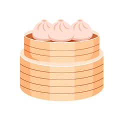 Dim sum. Asian food menu. Steamed dumplings in wooden dishes. Vector illustration