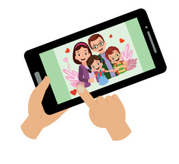 Video Conference. Cute little Kid using tablet for video call with friend. Children happy smile using internet technology for talking. girl face on screen. Vector cartoon illustration for call