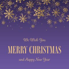 Naklejka na ściany i meble Christmas greeting card with golden snowflakes. Vector illustration