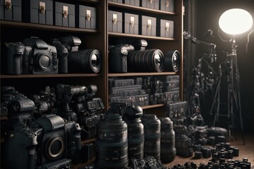 Warehouse of lenses and cameras, storage of equipment for a photographer or videographer. Room with lenses, cameras or video cameras. 3D illustration, generative ai