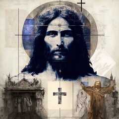 Collage on the theme of Christianity and Jesus Christ in the style of abstract expressionism with scripture scrolls, people and temples. Christ at the head of the church!