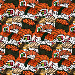 Sushi and rolls seamless pattern isolated on white background