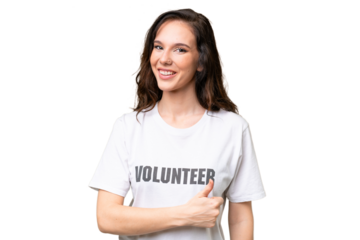 Young volunteer caucasian woman over isolated background giving a thumbs up gesture