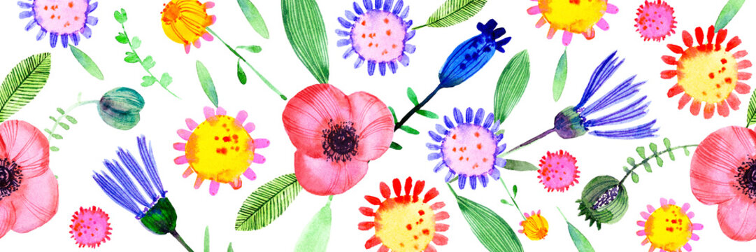Hand drawn watercolor seamless border pattern with flowers, poppy, cornflower, daisy, leaves, branches