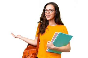 Young student caucasian woman over isolated background extending hands to the side for inviting to come