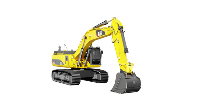 FRONT view of EXCAVATOR isolated on white, CAT EXCAVATOR  long png transparent background 3d rendering