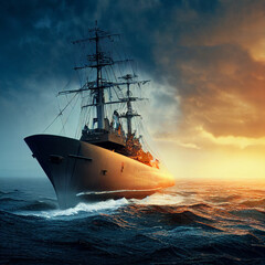 Fototapeta premium Warship in the stormy sea. 3D illustration 
