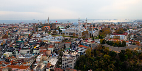 Istanbul historic centre with Galata bridge and mosques. Galata Tower.  Drone view. Istanbul, Turkey