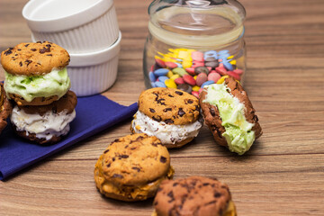 Multicolored chocolate chip ice cream cookie sandwiches