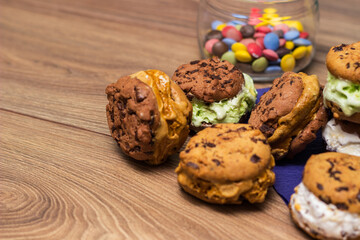 Multicolored chocolate chip ice cream cookie sandwiches