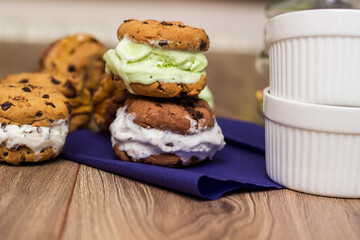 Multicolored chocolate chip ice cream cookie sandwiches