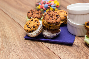 Multicolored chocolate chip ice cream cookie sandwiches