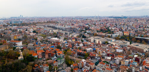 Istanbul historic centre with Galata bridge and mosques. Galata Tower.  Drone view. Istanbul, Turkey