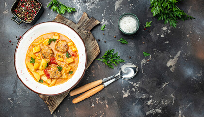 vegetable soup with stewed vegetables and meat, banner, menu, recipe place for text, top view